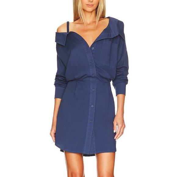 Monrow Navy Stretch Poplin Cotton Blend Button Up Long Sleeve Mini Shirt Dress - Picture 1 of 14